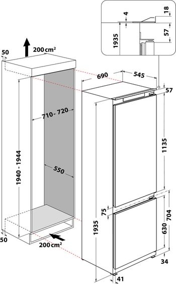 Indesit Combinazione Frigorifero/Congelatore Da incasso IND 401 Bianco 2 porte Technical drawing