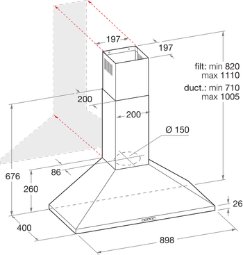 Indesit Cappa Da incasso IHPC 9.5 LM X Inox Montaggio a parete Meccanico Technical drawing