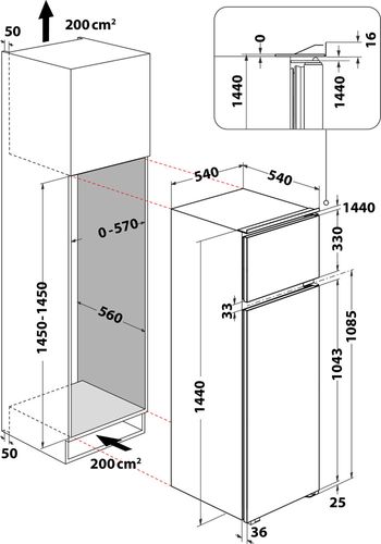 Indesit Combinazione Frigorifero/Congelatore Da incasso IN D 2040 AA/S Bianco 2 porte Technical drawing