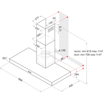 Indesit-Cappa-Da-incasso-IHBS-9.5-AM-X-Inox-Montaggio-a-parete-Meccanico-Technical-drawing