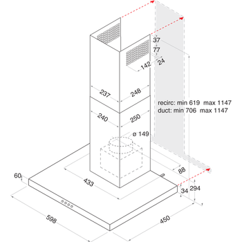 Indesit-Cappa-Da-incasso-IHBS-6.4-AM-X-Inox-Montaggio-a-parete-Meccanico-Technical-drawing