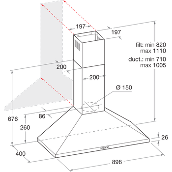 Indesit-Cappa-Da-incasso-IHPC-9.5-AM-X-Inox-Montaggio-a-parete-Meccanico-Technical-drawing