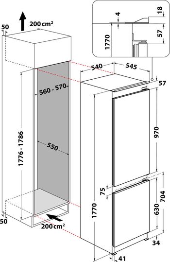 Indesit Combinazione Frigorifero/Congelatore Da incasso INC18 T111 Bianco 2 porte Technical drawing